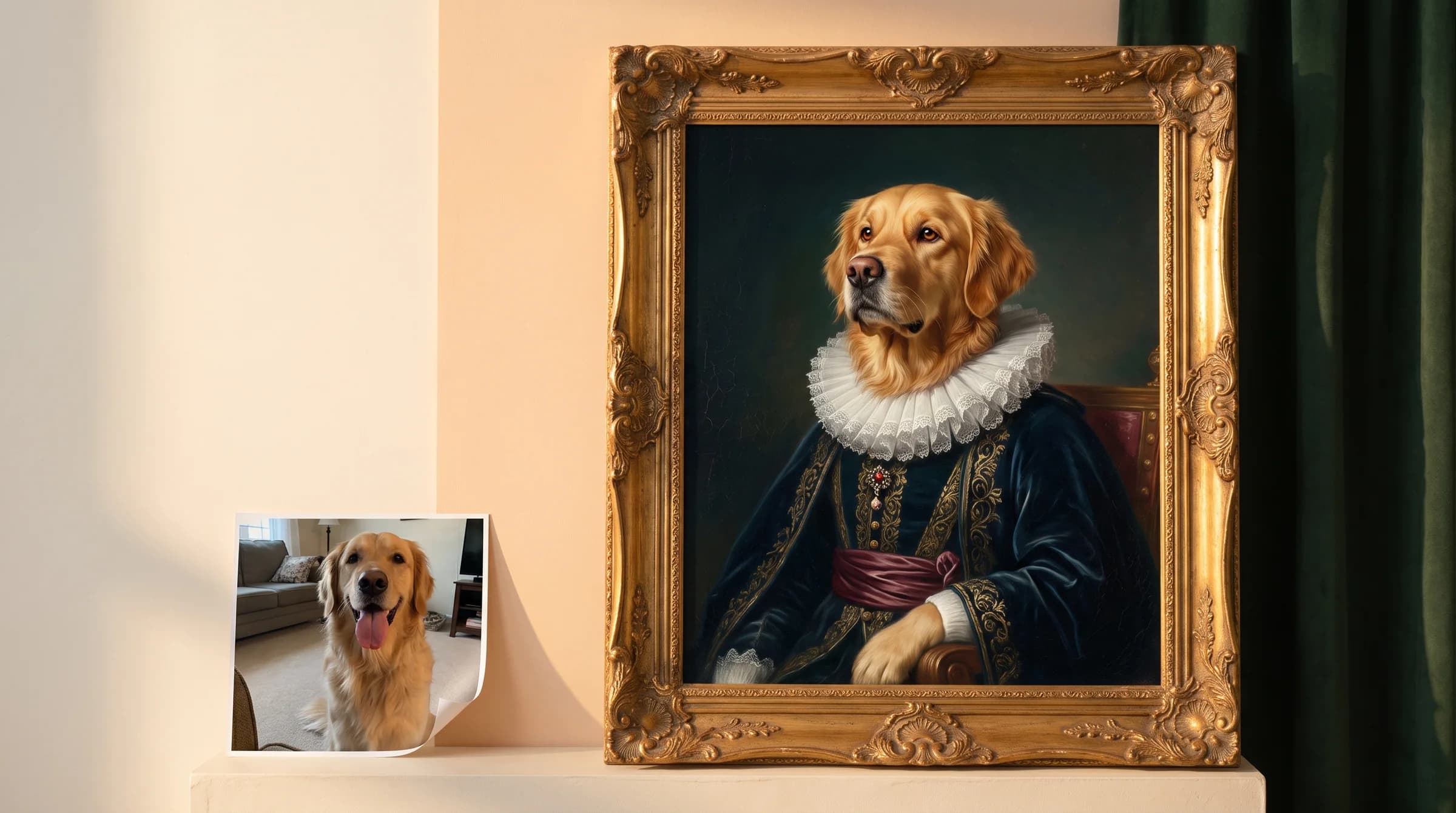 A golden retriever twice over: a phone snapshot propped on a cream shelf, and the same dog as a renaissance oil painting in a gold frame, wearing navy velvet and a lace ruff